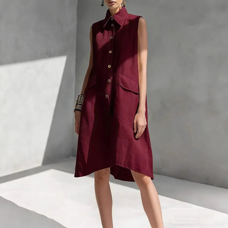Cardydony Casual Loose-fit Linen Sleeveless Shirt Dress