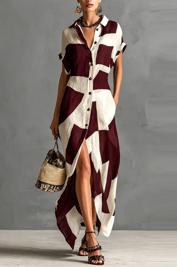 Cardydony Women's  Geometric Color-blocked Print Lapel Short-sleeved Button-down Casual Maxi Dress