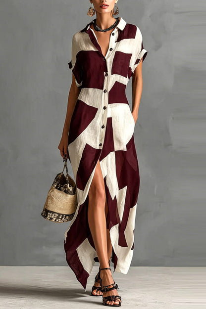 Cardydony Women's  Geometric Color-blocked Print Lapel Short-sleeved Button-down Casual Maxi Dress