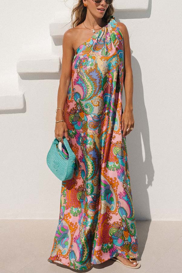 Cardydony Women's Rainbow Breeze Satin Unique Print Bow One Shoulder Loose Maxi Dress