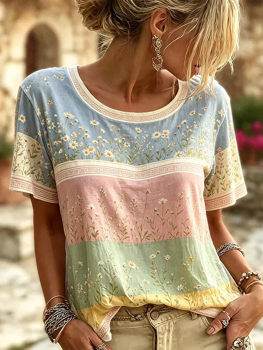 Cardydony Women's Vintage Plant-dyed Floral And Lace Patchwork Casual Blended Cotton And Linen Short-sleeved Top