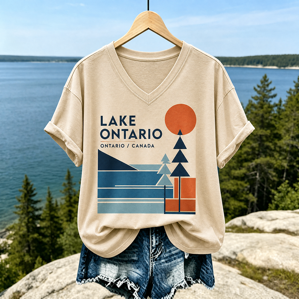 Cardydony Women's Casual V-neck T-shirt In Beige With Lake Ontario Geometric Landscape And Orange Sun Print