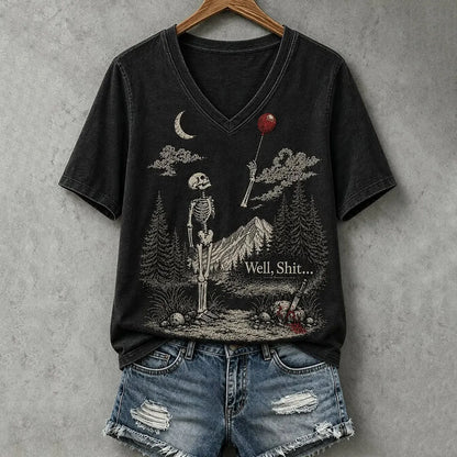Cardydony Women's Vintage Funny Skeleton Red Balloon Graphic Print Casual T-shirt