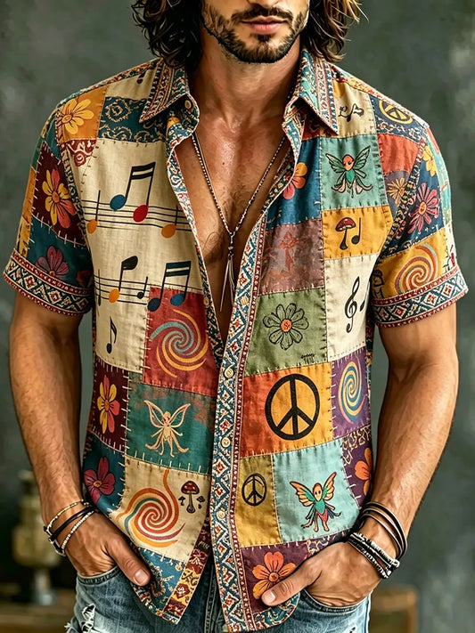Cardydony Men's Floral Hippie Patchwork Short-sleeved Shirt