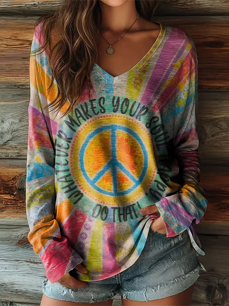 Cardydony Women's Retro Colorful Hippie Art Print Casual V-neck Long-sleeve T-shirt