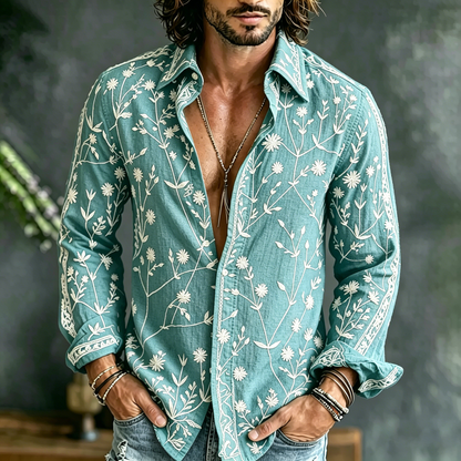 Cardydony Men's Spring Summer Floral Embroidered Art Print Flowy Linen Blend Shirt