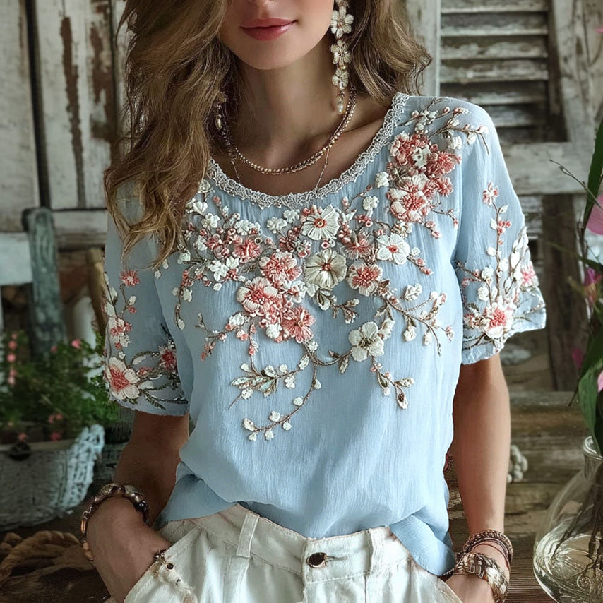 Cardydony Women's Floral Art Embroidery Cotton Linen T-shirt