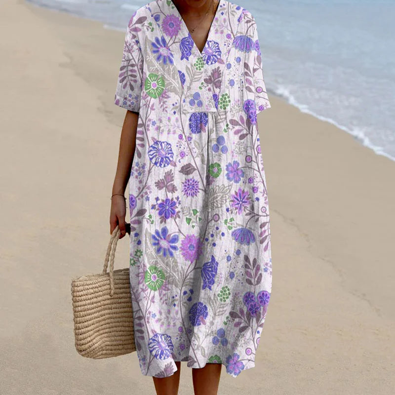 Cardydony Women's Pastoral Floral Art Print Casual Cotton Linen Dress