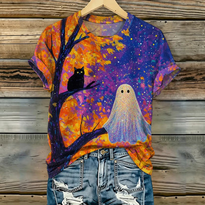 Cardydony Women's Retro Halloween Theme Cat Ghost Print Casual T-shirt
