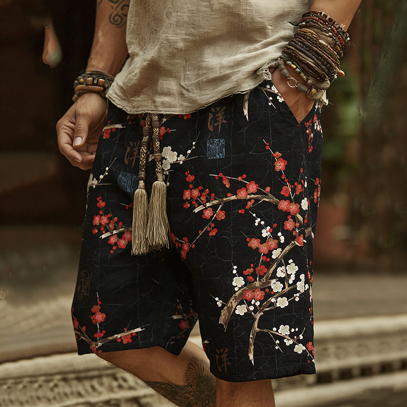 Cardydony Men's Japanese Cherry Blossom Art Print Linen Blend Shorts