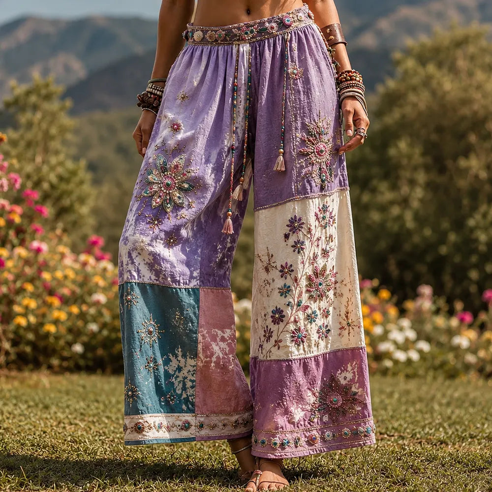 Cardydony Boho Patchwork Mandala Print High-waist Wide-leg Pants