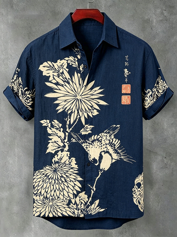 Cardydony Men's Japanese Art Floral Cotton Linen Short-sleeve Shirt