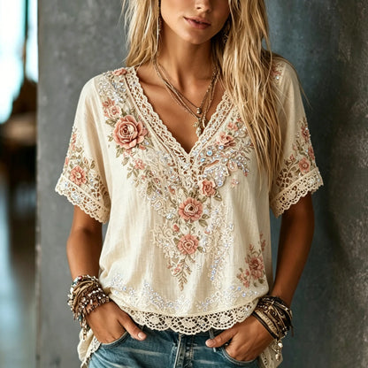 Cardydony Women's Retro Floral Lace Design Cotton Linen V-neck T-shirt
