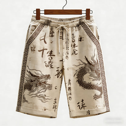 Cardydony Men's Calligraphy With Dragon Art Pattern Linen Blend Casual Shorts