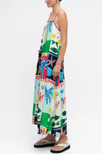 Cardydony Women's Summer-themed Printed Square Neck Sleeveless Pocket Loose Maxi Dress