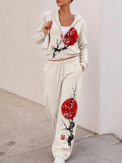 Cardydony Women's Japanese Art Sakura Sun Design Velvet Two Piece Set