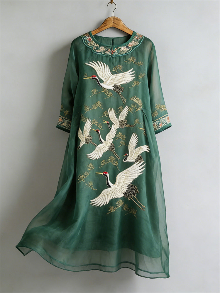 Cardydony Japanese Cranes & Pine Trees Flowy Linen Maxi Dress