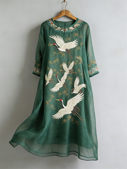 Cardydony Japanese Cranes & Pine Trees Flowy Linen Maxi Dress