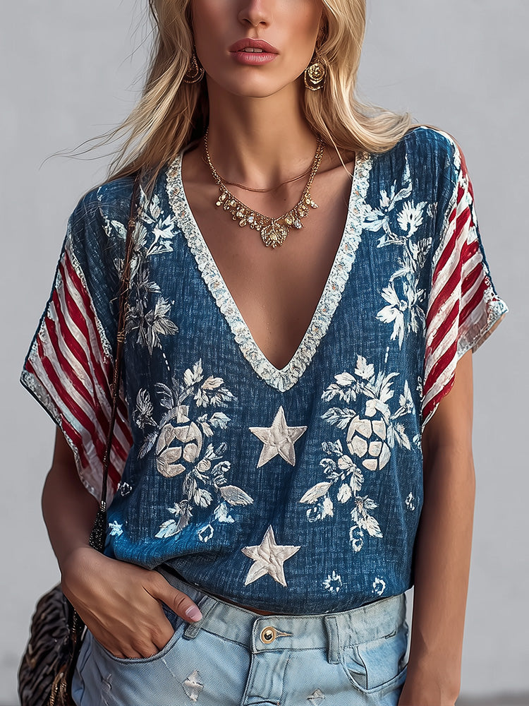 Cardydony Women's American Flag Print V-neck Blouse Floral & Star Pattern Dolman Short Sleeve Top
