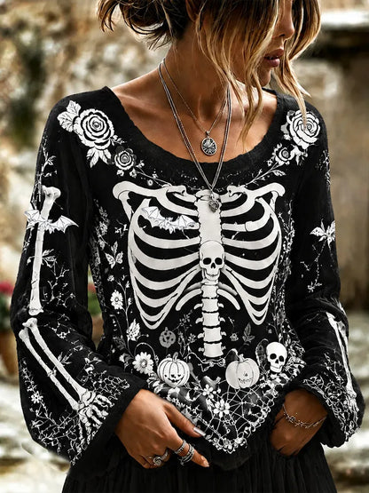 Cardydony Halloween Skull Art Black And White Contrast Cotton Linen Long-sleeved Top