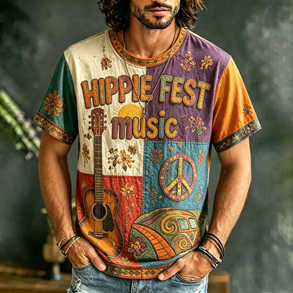 Cardydony Men's Casual Color Block Music Letter Retro Hippie Crew Neck T-shirt