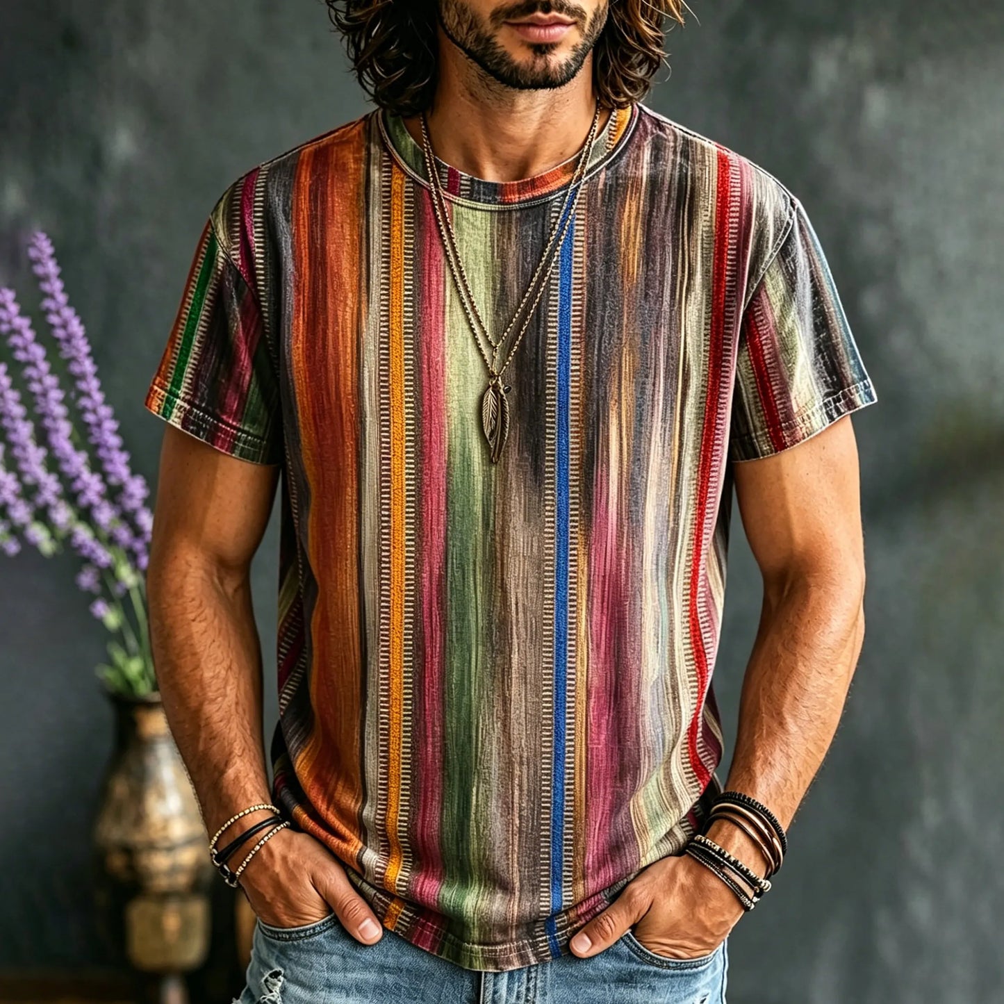 Cardydony Men's Hippie Color Stripes Print Retro T-shirt