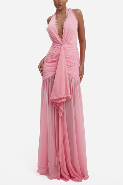 Cardydony Women's Elegant V-neck Sleeveless Pleated Ribbon Mesh Hem Maxi Dress
