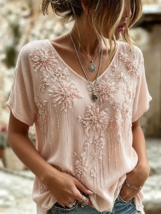 Cardydony Women's Retro Floral Art Embroidery Casual Cotton Linen V-neck T-shirt