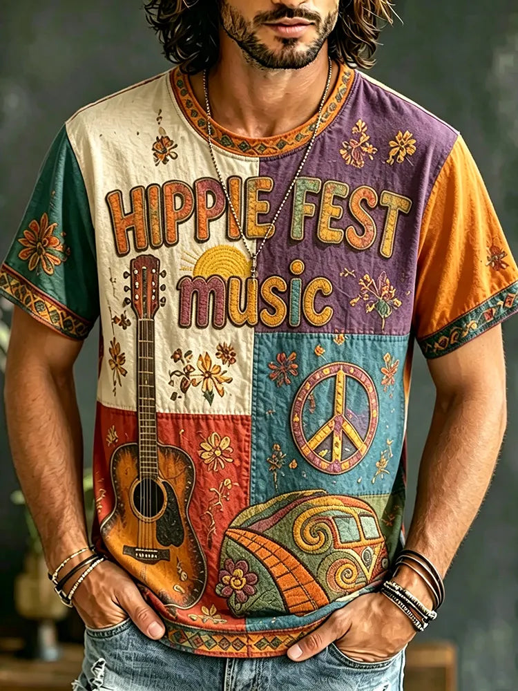 Cardydony Men's Casual Color Block Music Letter Retro Hippie Crew Neck T-shirt