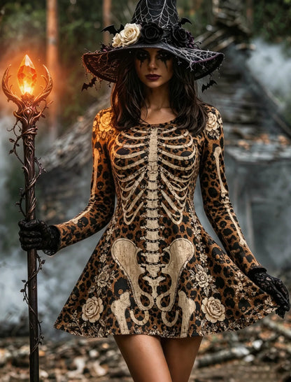 Cardydony Women's Halloween Jacquard Pattern Human Skull In Leopard Art Round-neck Mini Dress