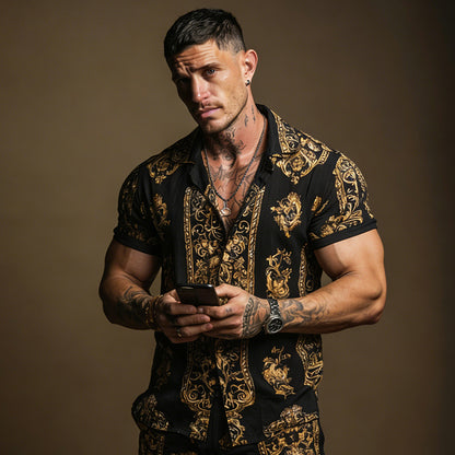 Cardydony Men's Fashion Baroque Pattern Cuban Shirt And Shorts Two-piece Set