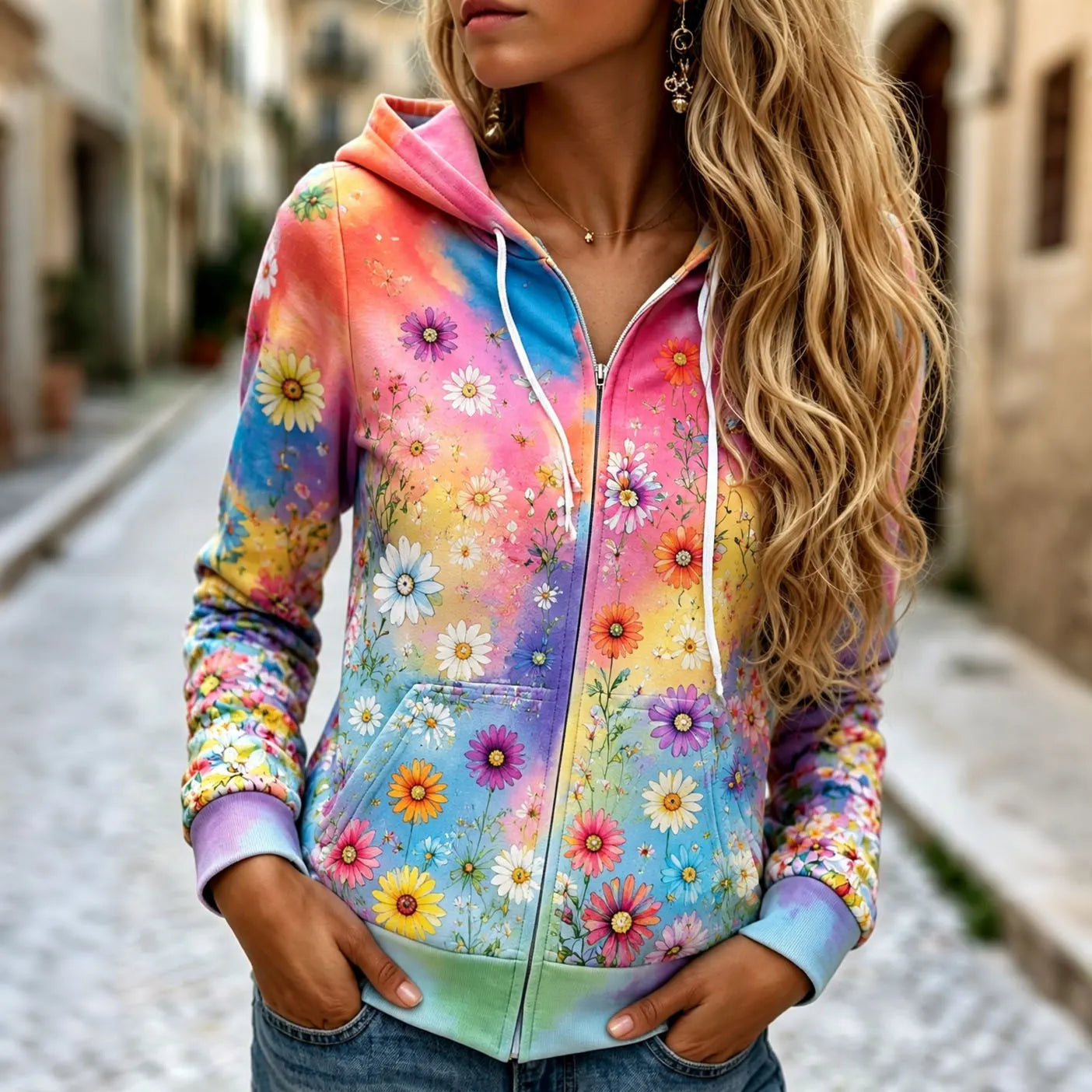 Cardydony Women's Retro Hippie Floral Print Zip Up Hoodie