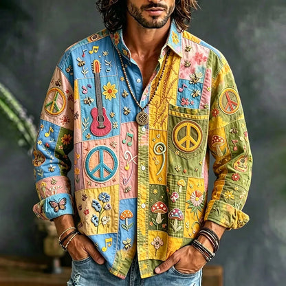 Cardydony Men's Peace Sign And Guitar Hippie Patchwork Print Long Sleeves Shirt