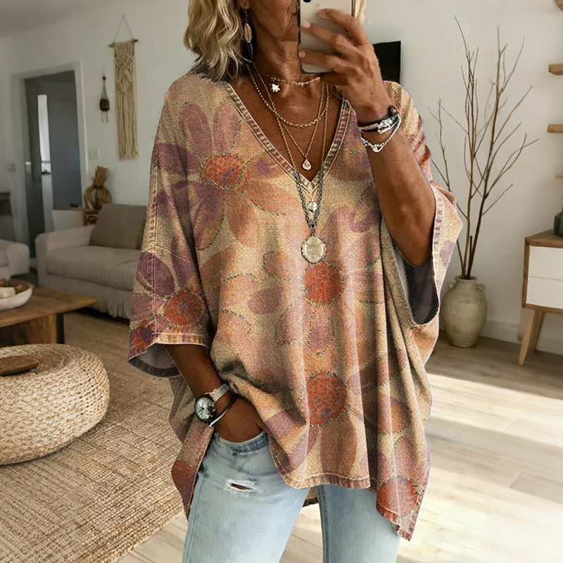 Cardydony Women's Vintage Floral Art Print Casual Loose Cotton Top