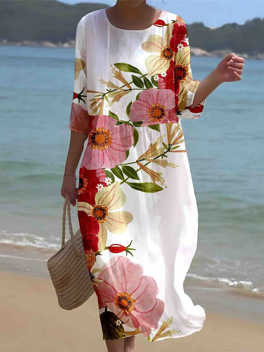 Cardydony Women's Retro Floral Art Pattern Linen Blend Loose Three-quarter Sleeve Dress