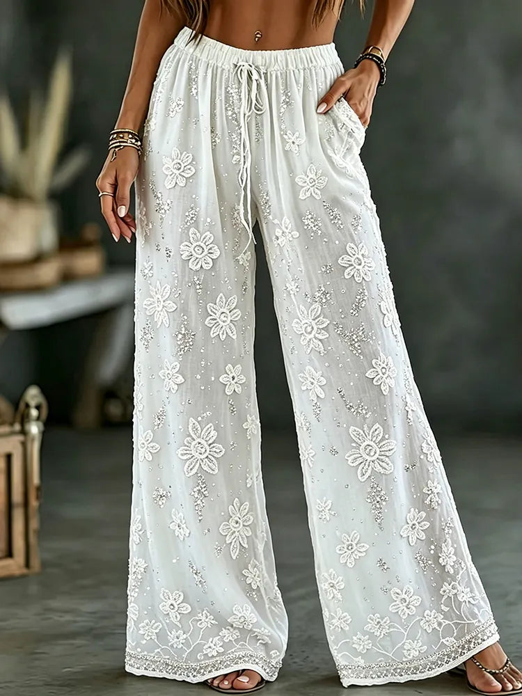 Cardydony Women's White Rose Art Embroidered Linen Blend Pants