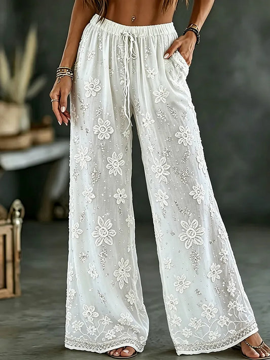 Cardydony Women's White Rose Art Embroidered Linen Blend Pants