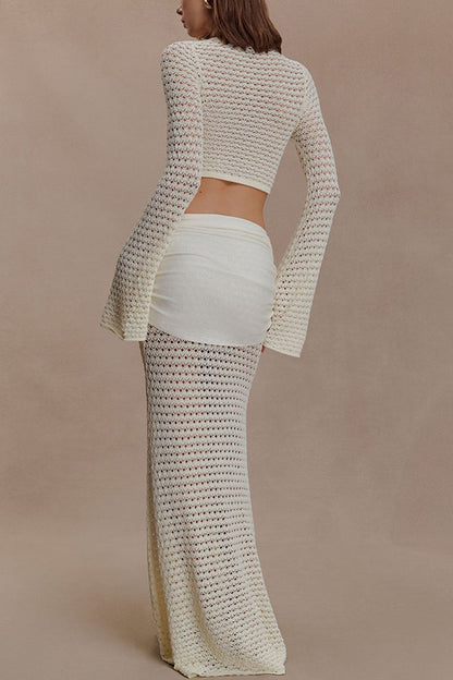 Cardydony Women's Mania Knit Hardware Detail Bell Sleeve Crop Top and Gathered Overlay Sash Stretch Maxi Skirt Set