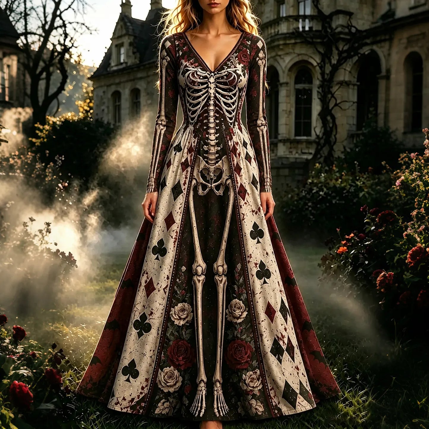 Cardydony Women's Retro Halloween Gothic Skeleton Floral Pattern Print V-neck Maxi Dress