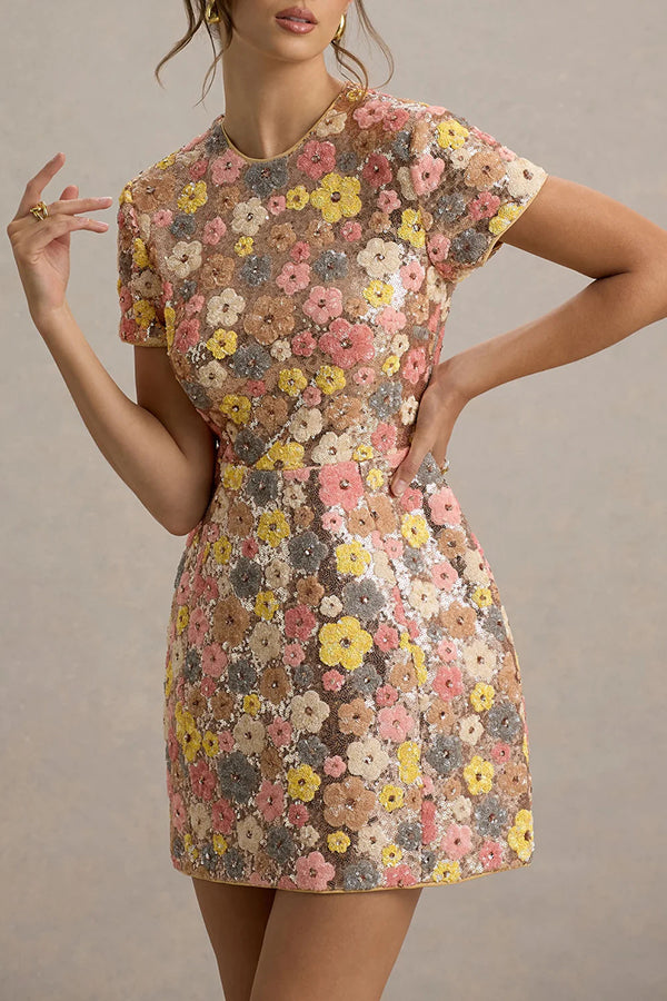 Cardydony Women's 80's Inspired Floral Print Sequin Short Sleeve Stretch Mini Dress