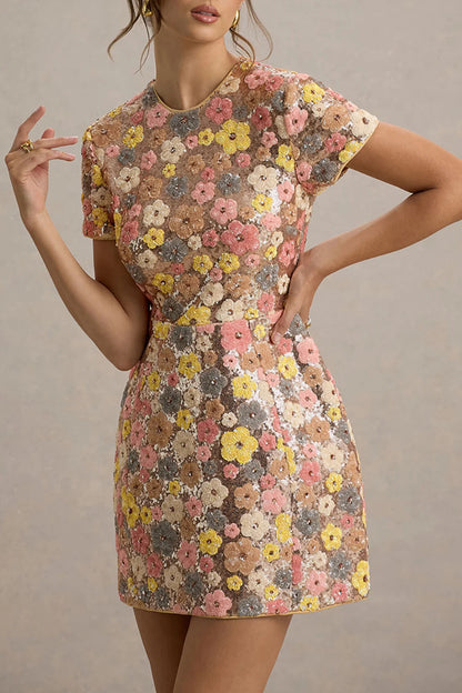 Cardydony Women's 80's Inspired Floral Print Sequin Short Sleeve Stretch Mini Dress