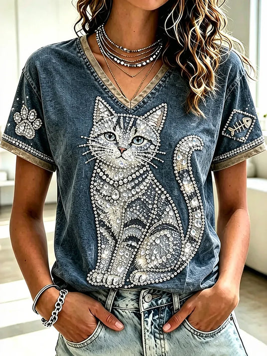 Cardydony Women's Faux Denim Diamond Cat Print Casual T-shirt