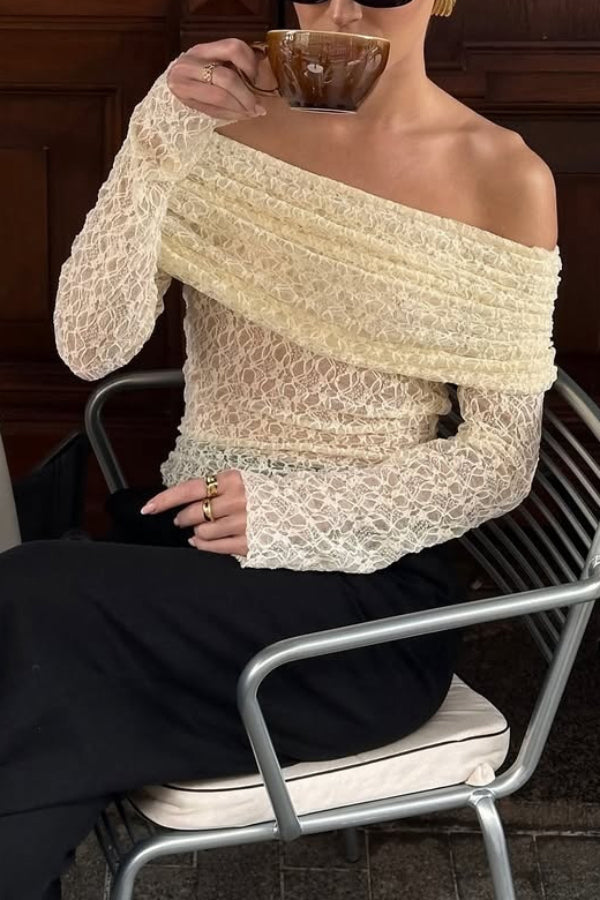 Cardydony Women's  Solid Color Off-shoulder Long-sleeved Elegant Slim-fit Lace Top