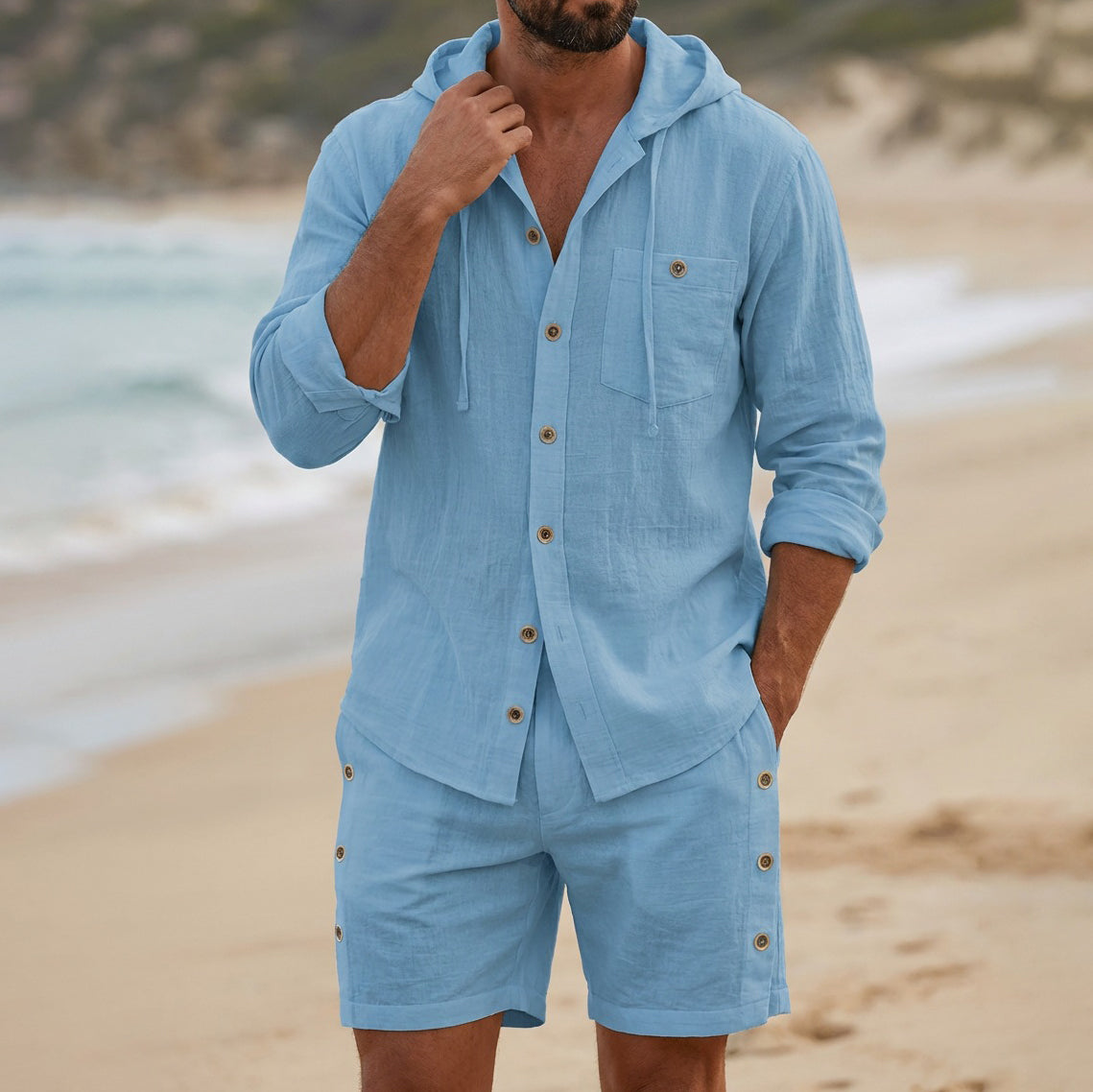 Cardydony Men's Cotton Hooded Solid Color Long-sleeved Shorts Vacation Set