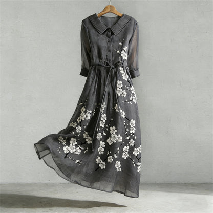 Cardydony Plum Blossom Japanese Lino Art Flowy Maxi Dress