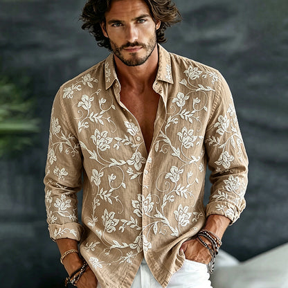Cardydony Men's Vintage Spring Floral Embroidered Art Print Flowy Linen Blend Casual Shirt