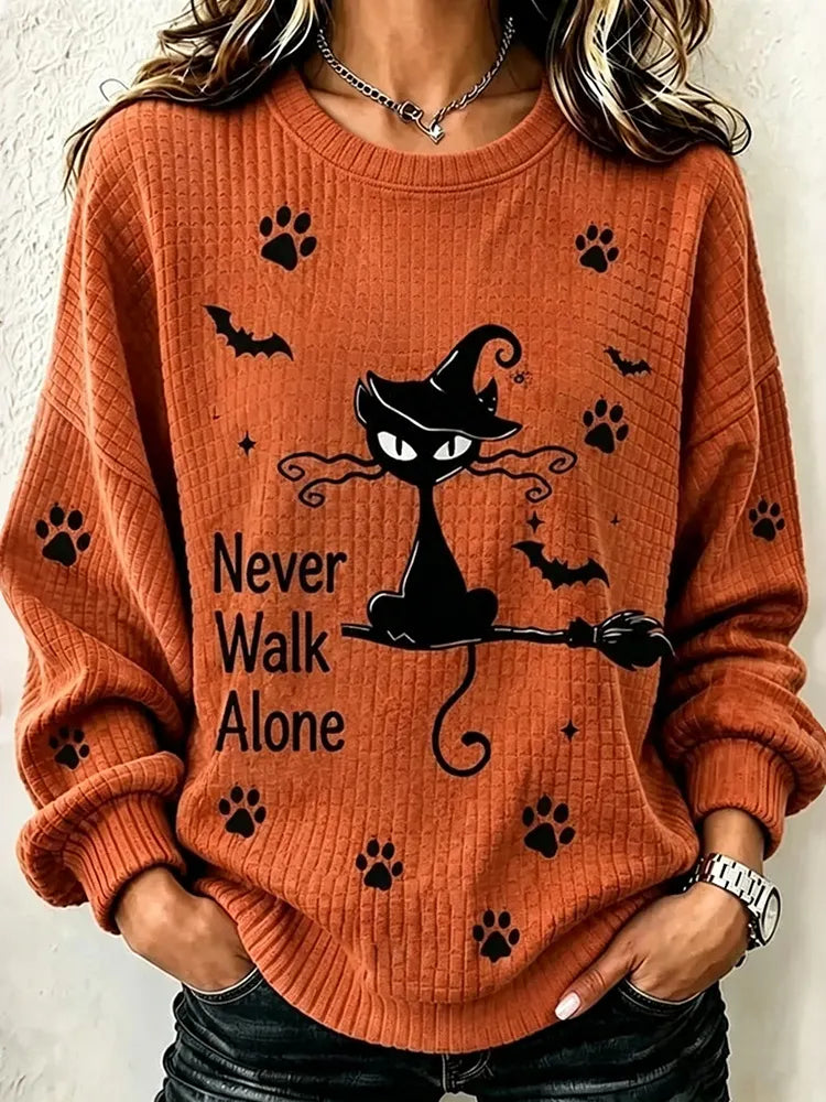 Cardydony Never Walk Alone Halloween Cat And Broom Print Casual Sweatshirt