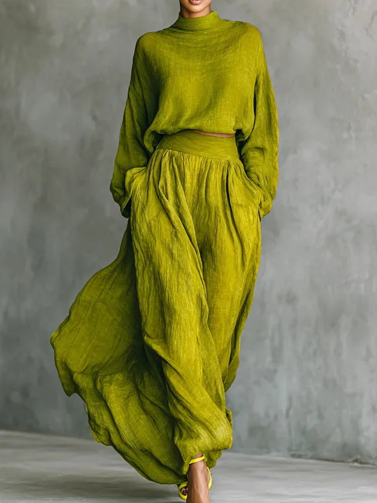 Cardydony Vintage Classy Shirt & Skirt Flowy Linen Two Piece Set
