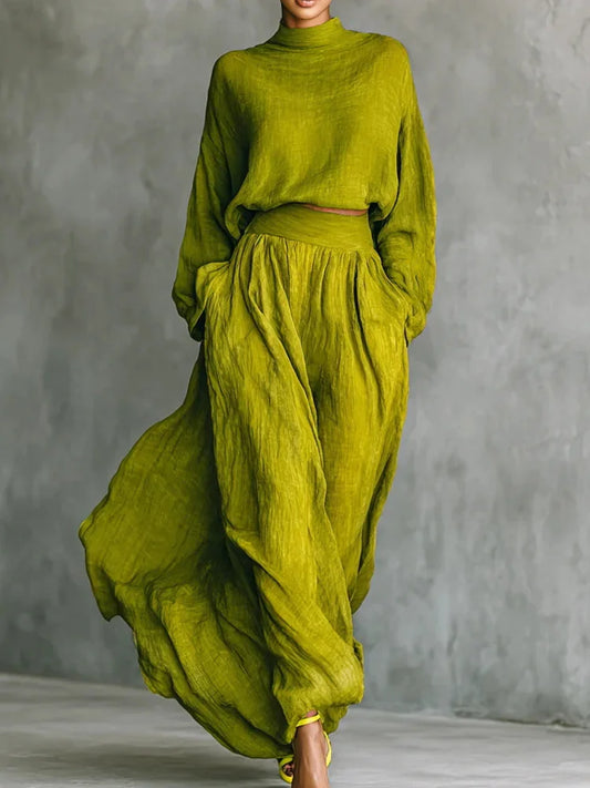 Cardydony Vintage Classy Shirt & Skirt Flowy Linen Two Piece Set