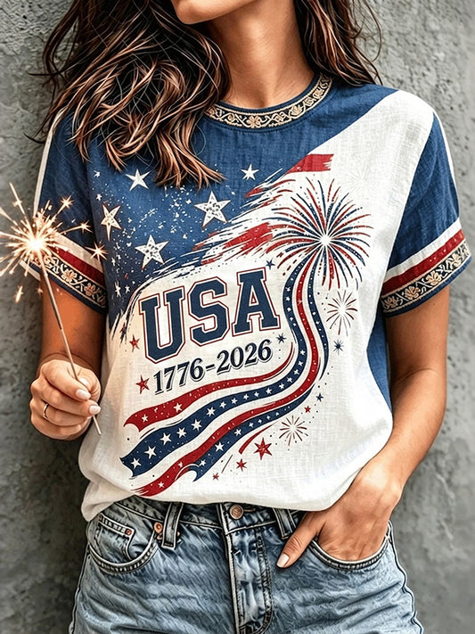 CardydonyWomen's Retro Independence Day Flag Art Crew Neck Linen Blend T-shirt
